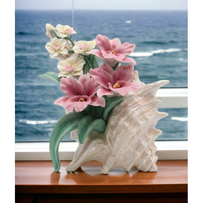 kevinsgiftshoppe Ceramic Pink Orchid and Narcissus Flowers in a Seashell  Figurine Home Decor Spring Decor Coastal Charm