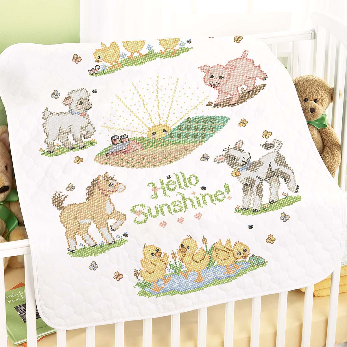 Herrschners Hello Sunshine Farm Animals Baby Quilt Stamped Cross