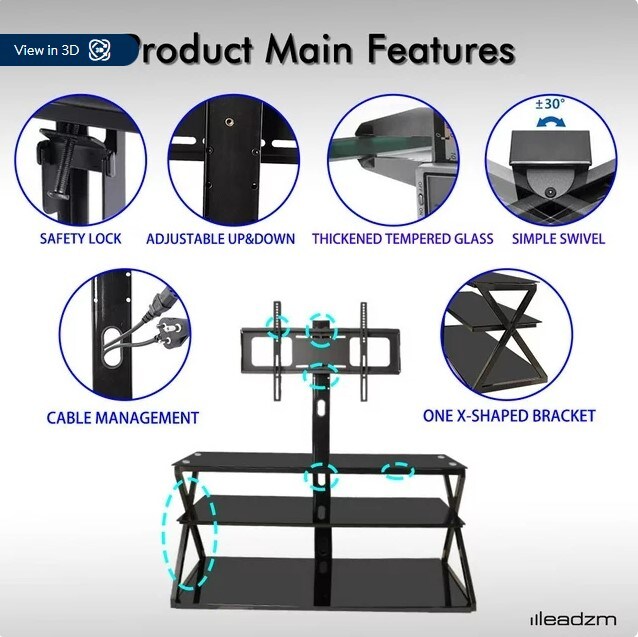3 Tier Tempered Glass Shelf Swivel Floor TV Stand Mount