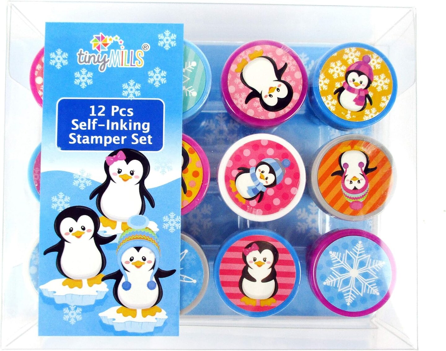 TINYMILLS 12 Pcs Penguin Stamp Kit for Kids Self Inking Stamps Gift Winter Party Favor