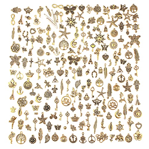 200 Pieces Tibetan Antique Gold Charm Mixed Pendants DIY for Bracelet Necklace Jewelry Making and Crafting