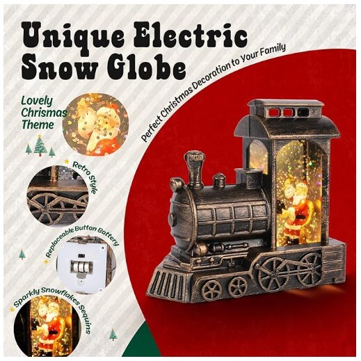Christmas Snow Globe Lantern Train, Lighted Christmas Santa Claus Swirling Glitter Water Globe Lantern LED Battery Operated Xmas Train Snowball Lantern