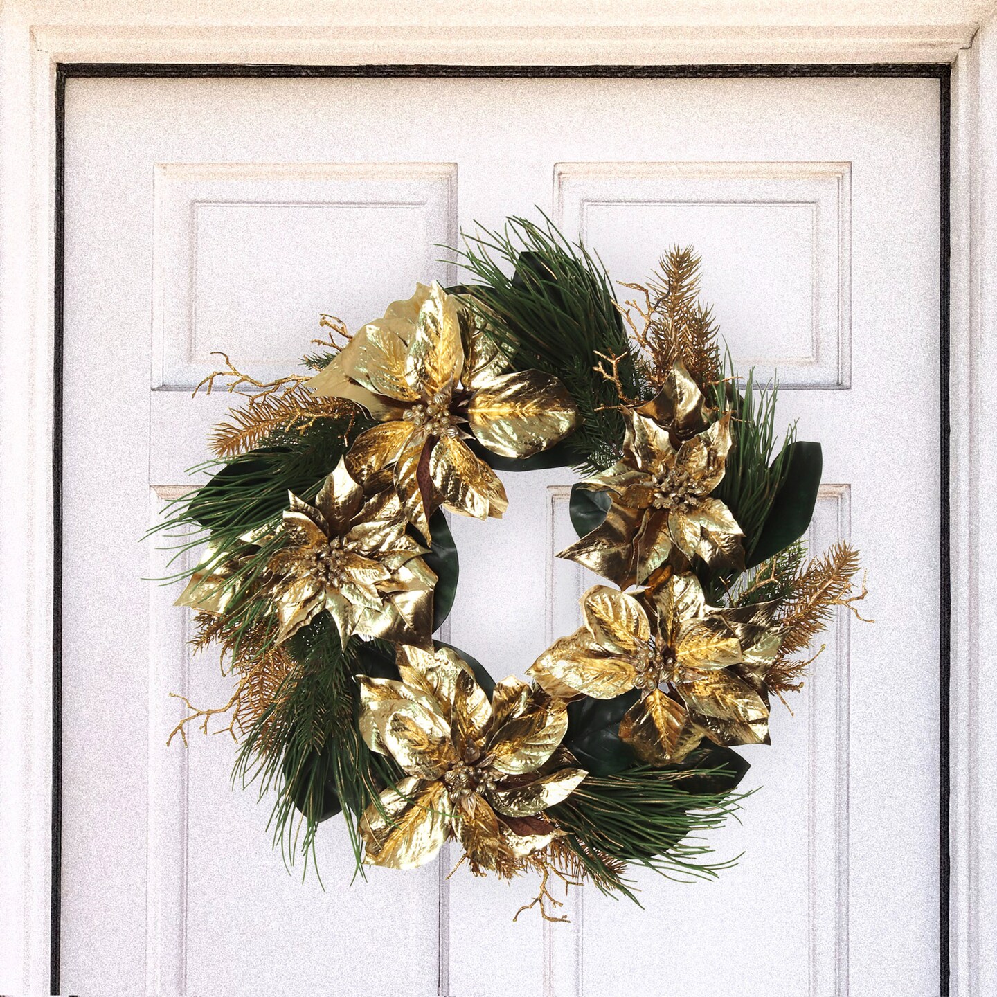 Set of 2: Artificial Pre-Decorated Pine Wreath with Magnolia Flowers &#x26; Foliage | 24&#x22; Wide | Gold | Holiday Accents | Winter | Home &#x26; Office Decor, Floral Home by Artificial Flowers