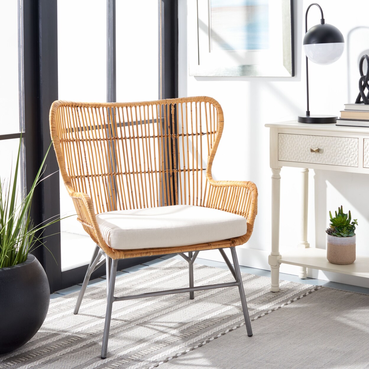 Safavieh   Lenu Rattan Accent Chair With Cushion Natural / Black