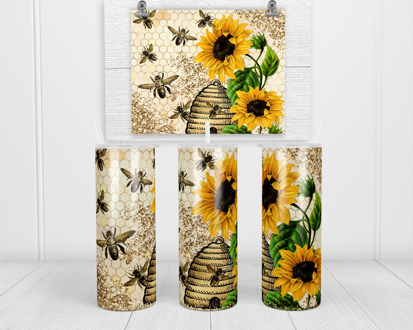 Beehive Sunflowers Leopard 20 oz insulated tumbler with lid and