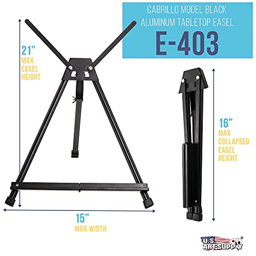 U.S. Art Supply 15&#x22; to 21&#x22; High Adjustable Black Aluminum Tabletop Display Easel with Extension Arm Wings - Portable Artist Tripod Folding Frame Stand - Holds Canvas, Paintings, Books, Photos, Signs