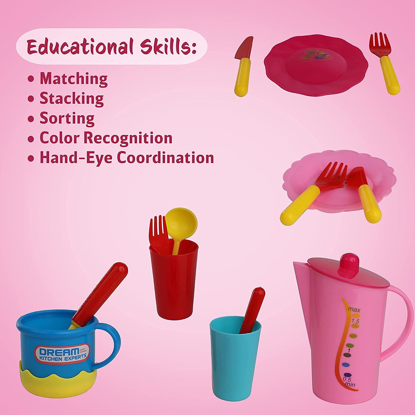 Kids and Toddler Play Dishes with Drainer, Play Kitchen Accessories 28 Piece Set, Kitchen Plastic Toys, Toy Plates and Dishes for Kids Kitchen Set