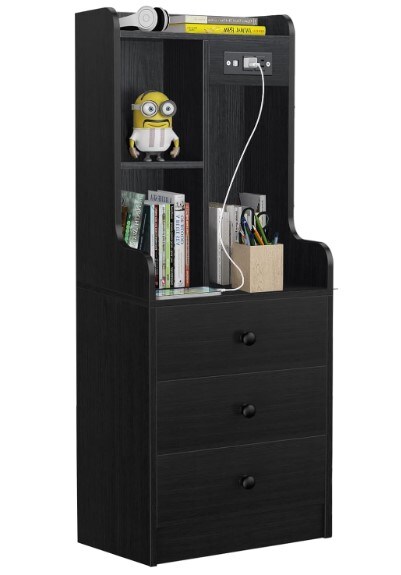 Tall End Table for Bedroom Living Room, Bed Side Table/Night Stand with 3 Drawers, Bedside Table with Open Storage Shelf, Black Modern Nightstand with Charging Station