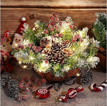 2 Pack Pre Lit Artificial Christmas Hanging Basket Christmas Tree Basket with Frosted Pine Cones and Branches, White Berry Clusters, and 2 Pieces White LED String Lights for Patio or Porch