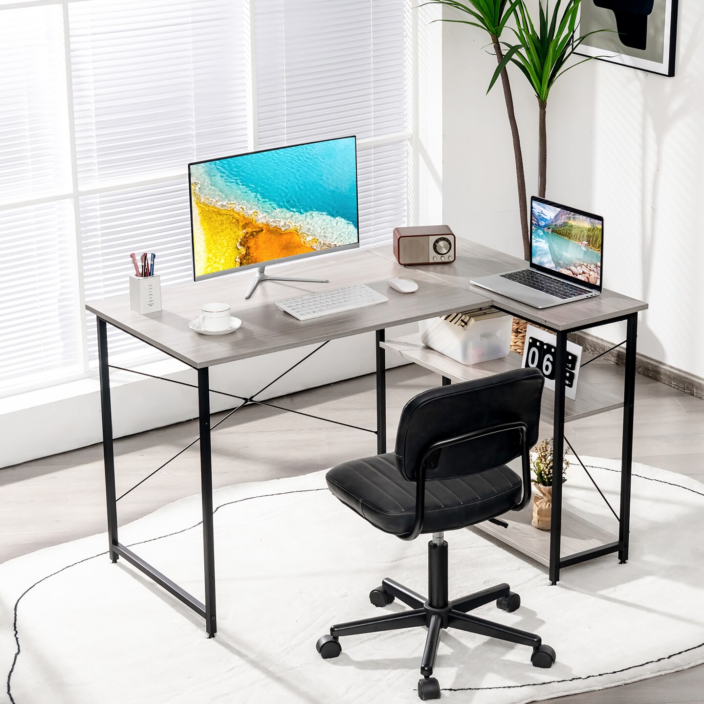 Costway 48&#x27;&#x27; Reversible L Shaped Computer Desk Home Office Table Adjustable Shelf Brown\Gray\Natural