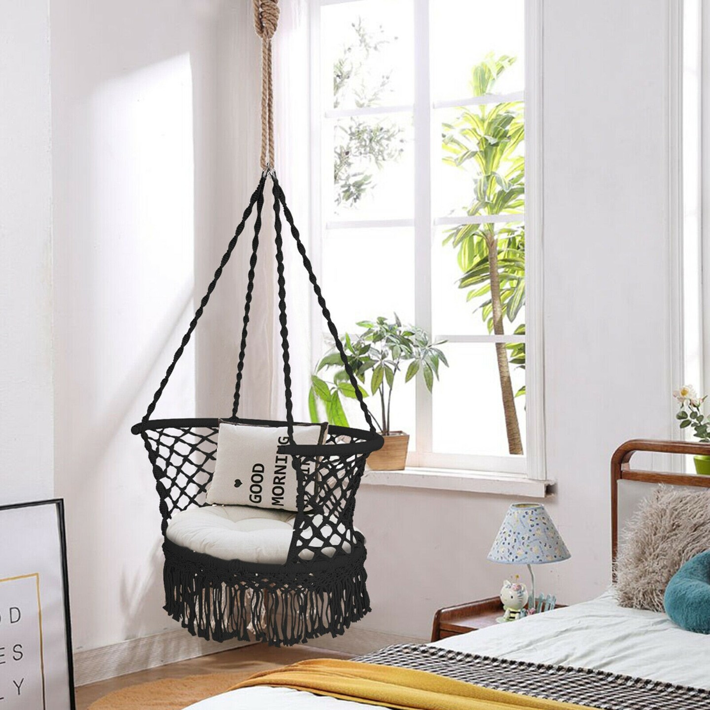 Hanging Hammock Chair Macrame Swing Hand Woven Cotton Backrest