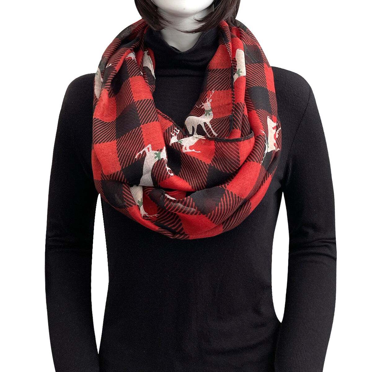 Wrapables Lightweight Winter Holiday Infinity Scarf, Reindeer Plaid Red
