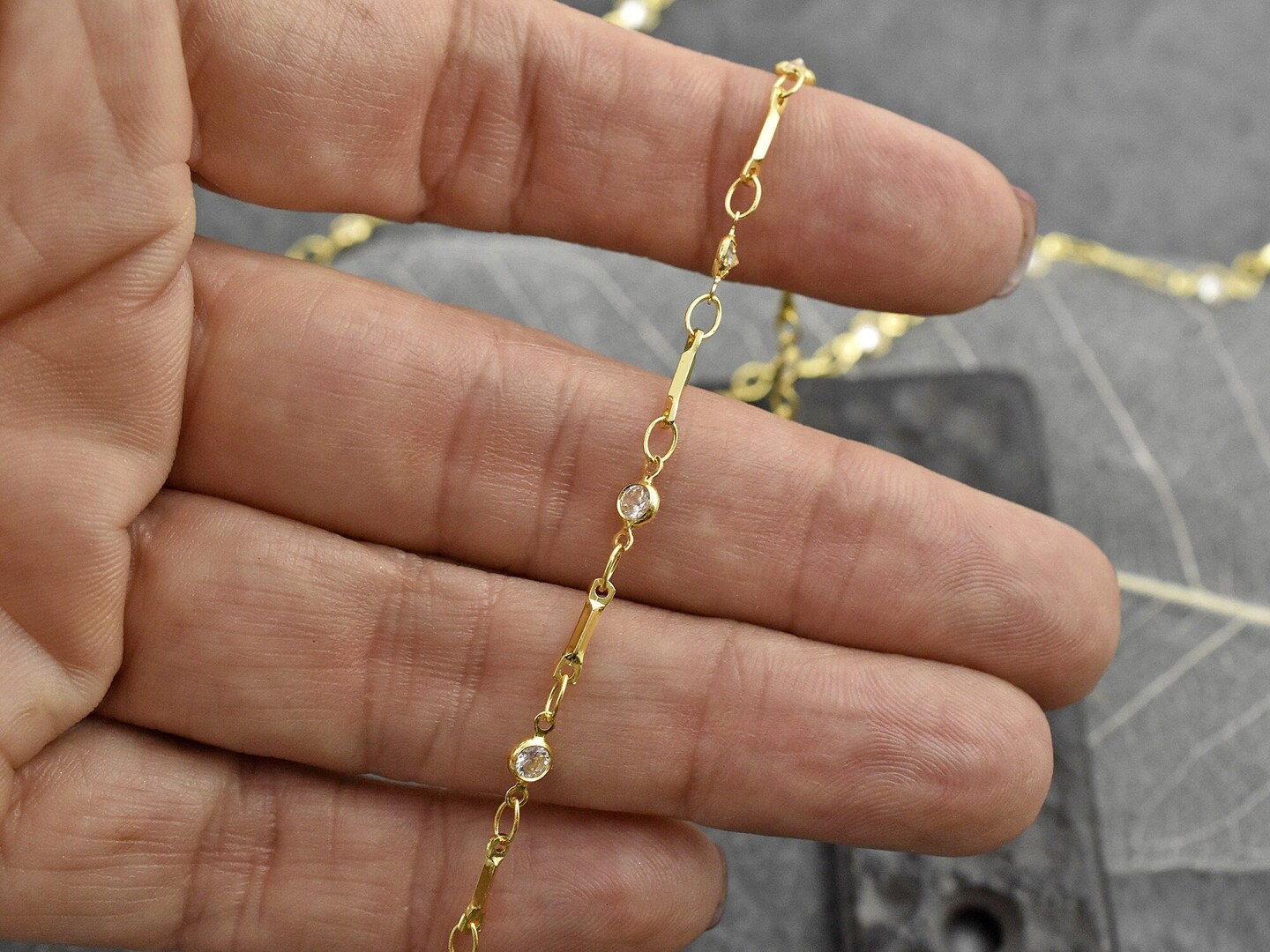 18K Gold Plated Brass Bar Link Rhinestone Chain 8x4x2mm