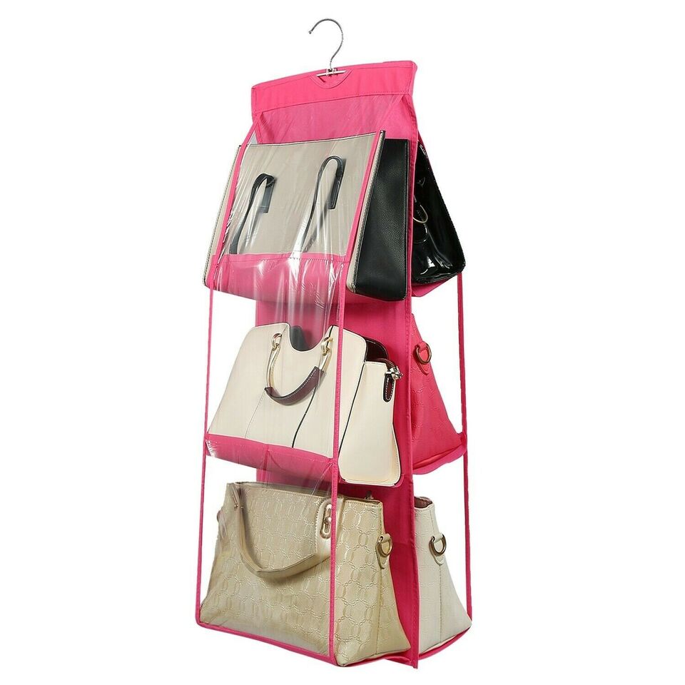 Handbag File Purse Organizer Rack Closet Display 6 Pocket Clear Storage Hanger.