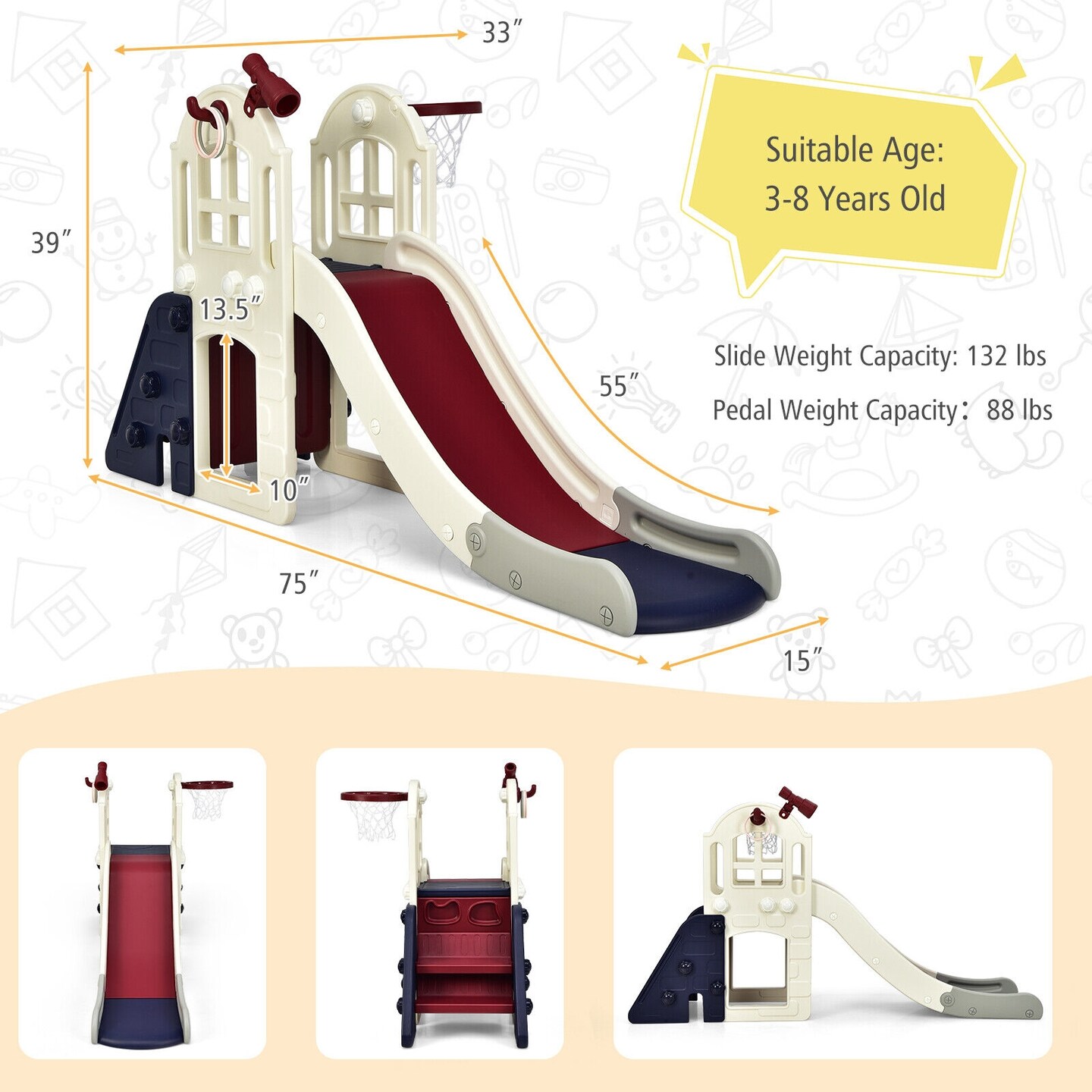 6-In-1 Large Slide for Kids Toddler Climber Slide Playset with Basketball Hoop