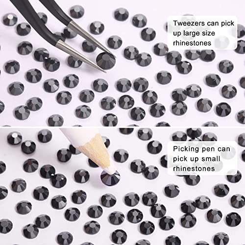 6616 Pieces Hotfix Rhinestones 5 Mixed Sizes FlatBack Crystal Rhinestones for Crafts Round Glass Gems with Tweezers and Picking Rhinestones Pen(Hematite Black)