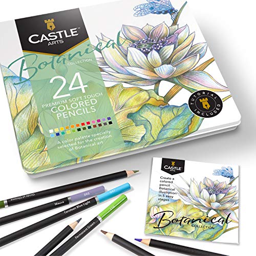 Castle Arts Themed 24 Colored Pencil Set in Tin Box, perfect colors for &#x2018;Botanical&#x2019; Art. Featuring quality, smooth colored cores, superior blending &#x26; layering performance for great results