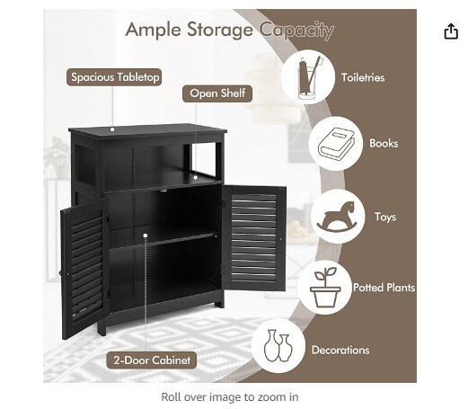 Bathroom Storage Cabinet, Wooden Side Storage Organizer with Louver Doors and Removable Shelf, Freestanding Floor Cabinet for Living Room, Kitchen, and Entryway (Black)