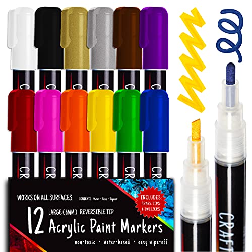  Acrylic Paint Markers Set - 12, Broad Tip-Tip Acrylic Paint  Pens For Rock Painting, Glass, Wood, Canvas And Fabric - Non-Toxic,  Permanent Acrylic Markers For Pumpkin Painting Kit