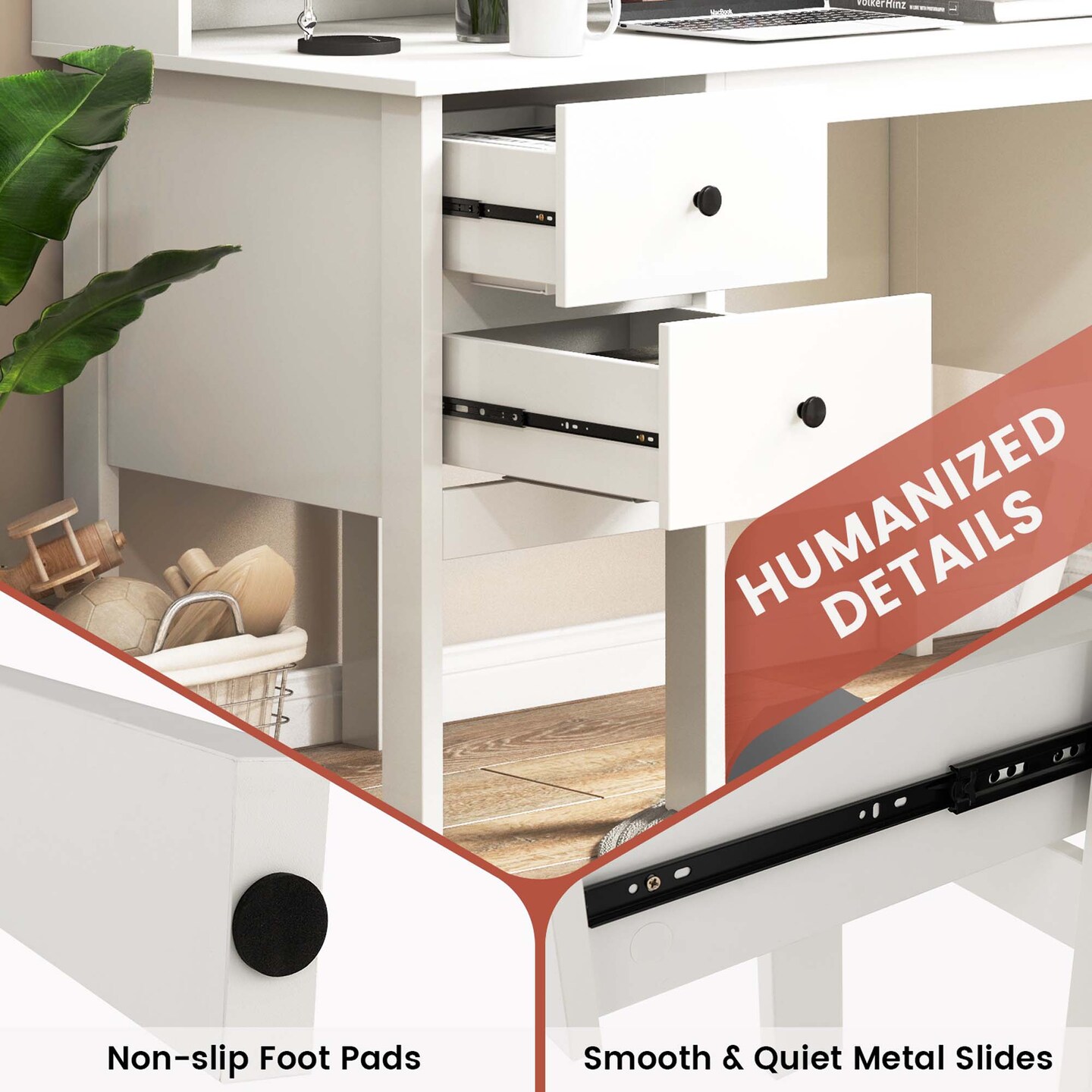 Costway Computer Desk 48" Writing Table w/ Power Outlets 5-Cubby Hutch 2 Storage Drawers