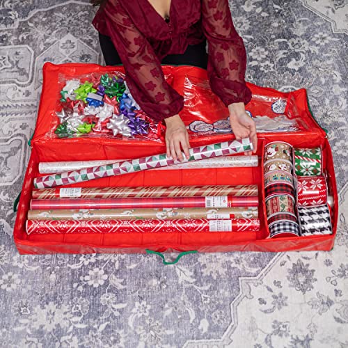 Gift Wrap Storage Organizer, Easily organize Wrapping Paper, Ribbons, Bows, Scissors, Fits 18-24 Standard Rolls, Keeps Gift Supplies in Perfect Condition & Ready for Next Season, (Red)