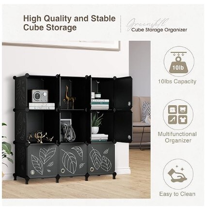 Closet Organiser, 9 Cube Storage Organiser with Doors, Portable Closet Shelves, Modular Bookcase Closet Cabinet for Clothes, Books, Toys and Artworks (11.8x11.8x11.8 inch), Black
