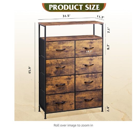 Fabric Dresser with Open Shelves for Bedroom, Tall Dresser with Eight Drawers, Fabric Bin Storage Tower, Closet Chest of Drawers for Living Room, and Hallway Print with Rustic Brown Wood Grain