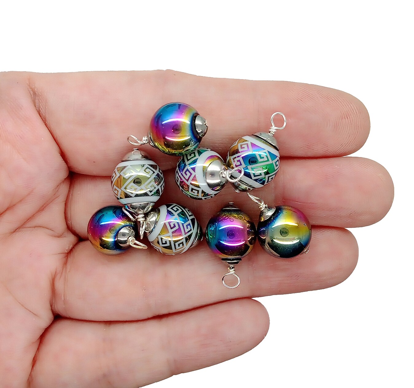 Miniature Christmas Ornaments, 8 pcs with Hooks, Pretty Rainbow Metallic Glass Balls, Adorabilities