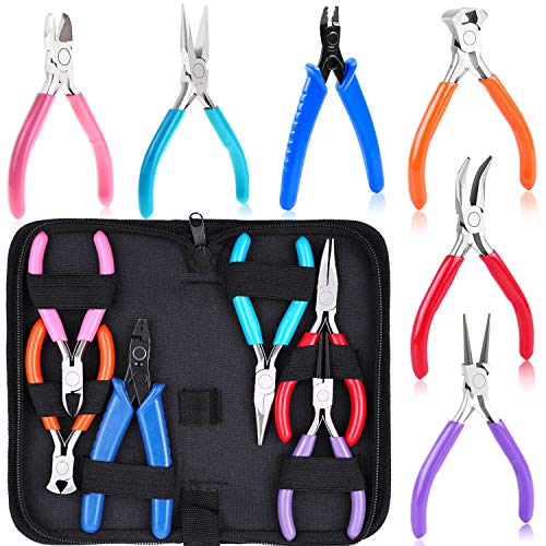 6 Pieces Jewelry Pliers, Jewelry Making Tools Kit Includs Needle Round Nose Pliers, Wire Cutters, Crimping Pliers, Bent Nose Pliers, End Nippers for Beading Craft