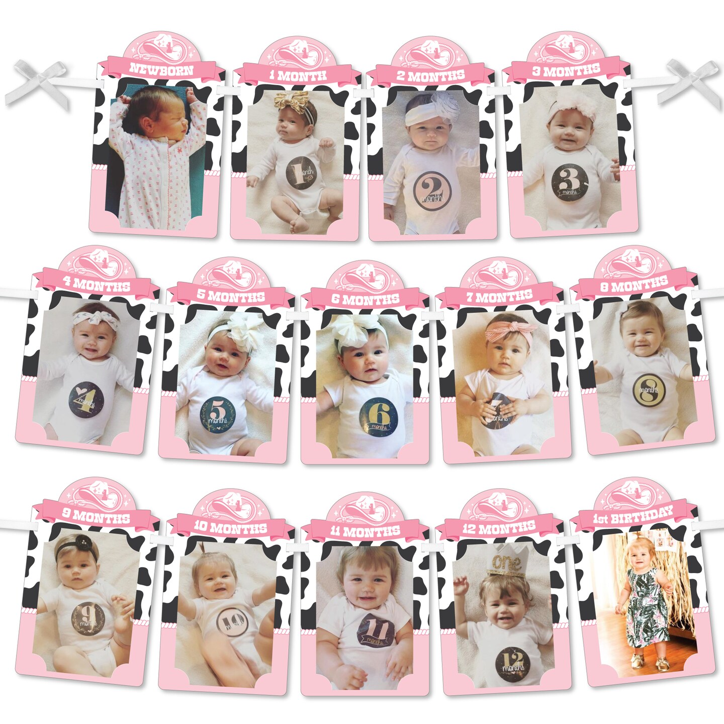 Big Dot of Happiness Pink First Rodeo - DIY Cowgirl 1st Birthday Decor - 1-12 Monthly Picture Display - Photo Banner