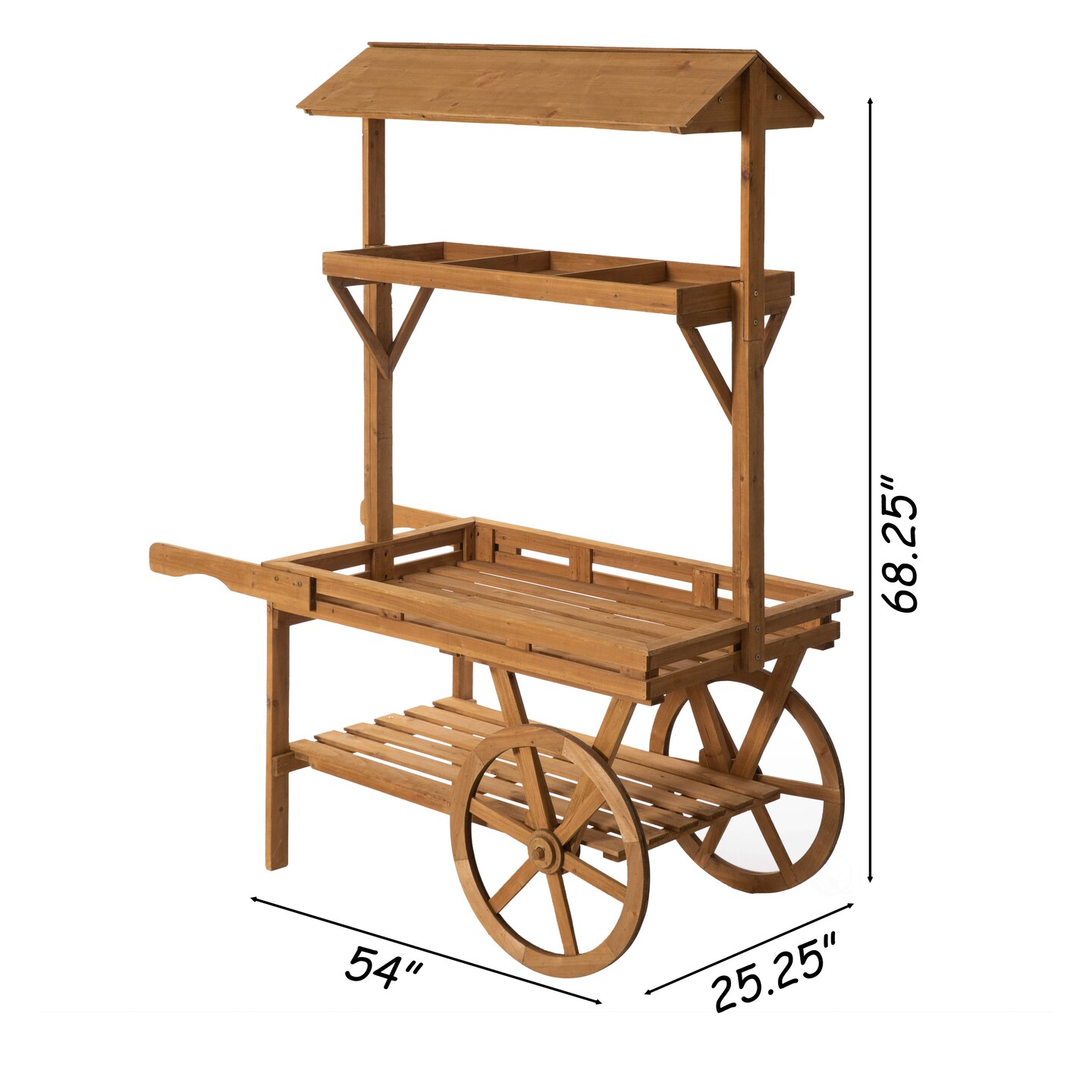Large Wooden 3 Tier Rolling Table Cart With 2 Wheels for Home Decor, Modern Wagon with Shelves for Display Rack, Lemonade stand, Food Stand, Beverage Bar, or Tea Stall