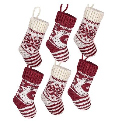 Christmas Mini Stockings, 6 Pack 9 Inches Knit Knitted Snowflake Reindeer Rustic Holiday Decorations, Cream Burgundy Goodie Bags for Family Friends
