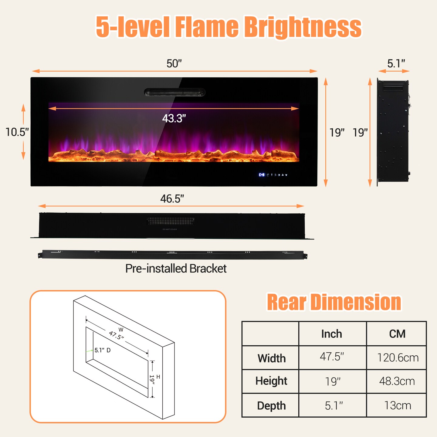 Wall Mounted Recessed Electric Fireplace with Decorative Crystal and Log