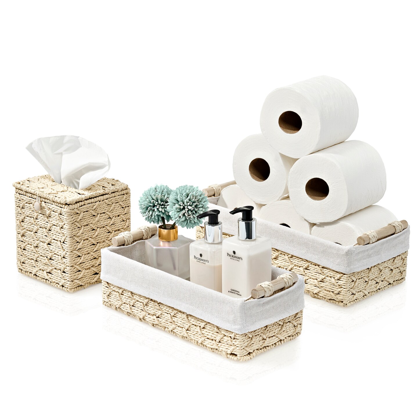 Sorbus Woven Paper Rope Baskets - 4 Piece Set, White