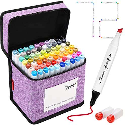 72 Primary Colors Alcohol Markers Set, Double Tipped Bullet & Chisel Art Marker Set for Coloring, Drawing, Sketching, 71 Classic Colors+1 Blender+1 Swatch+1 Purple Travel Case