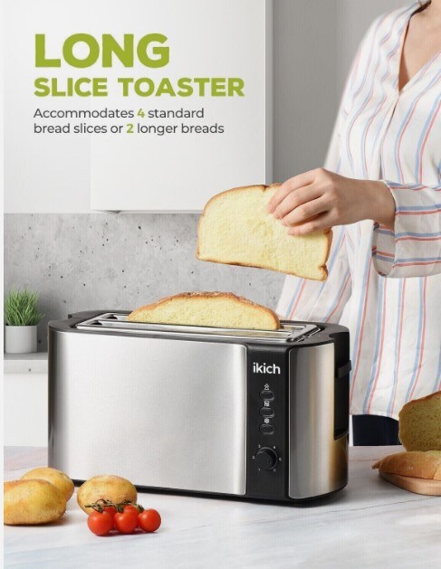 IKICH 4-Slice Extra Long Slot Toaster with Reheat Warming Rack and 6 Browning Controls