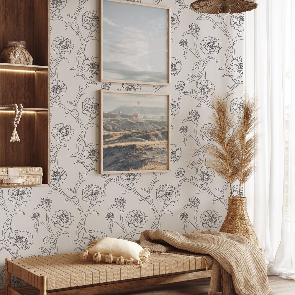 Tempaper Peonies Peel and Stick Wallpaper White/Metallic Black