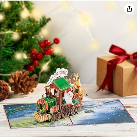 Train, Santa Claus, Red Sleigh, Reindeer, Merry Christmas, Christmas Presents, Snow, 3D Xmas Greeting Card, 2023 Christmas Gift for Child, Husband, Wife, 5x7