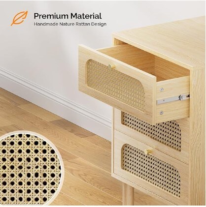 Mid Century Modern Night Stand Rattan Nightstand with Charging Station, 3 Drawers Bedroom Side Table Bohemian Design