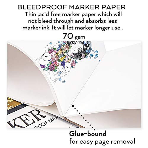 Bleedproof Marker Paper Pad, A4(8.27"X11.69"), 50 Sheets, 18 LB / 70 GSM, Glue-Bound, 100% Cotton, White, Ideal for Use with Markers and Ink Mediums