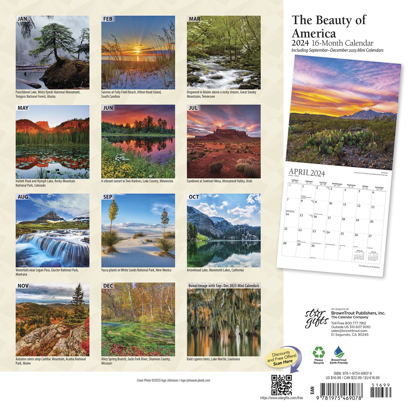 The Beauty of America | 2024 12 x 24 Inch Monthly Square Wall Calendar | Sticker Sheet | StarGifts | USA United States Scenic Nature