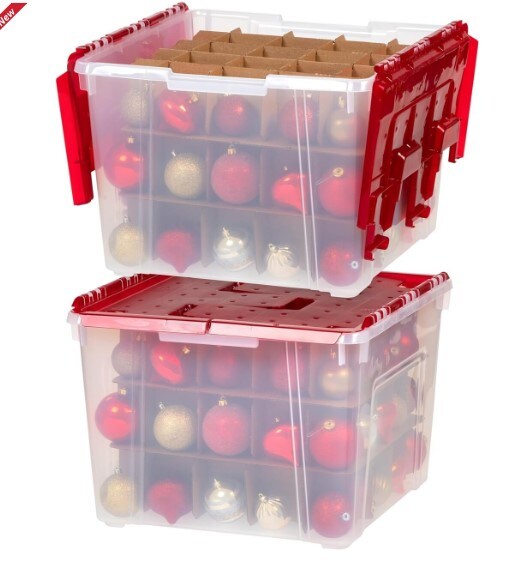 2 Pack 60qt Clear/Red Plastic Clear Ornament Storage Box with Hinged Lid and Dividers