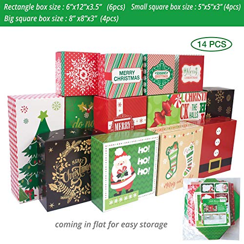 party funny 14 Decorative Christmas Gift Boxes with Lids and 80-Count Foil Christmas Gift Tag Stickers (Assorted size,6 Rectangle,4 Square, 4 Small Square)