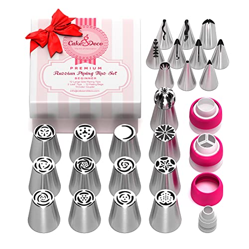 Premium Russian Piping Tips Cake Decorating Complete Set 42 pcs Baking Supplies Kit with Storage Gift Box - 12 Russian Tulip Icing Piping Nozzles - Flower Shaped Frosting Nozzles Kit