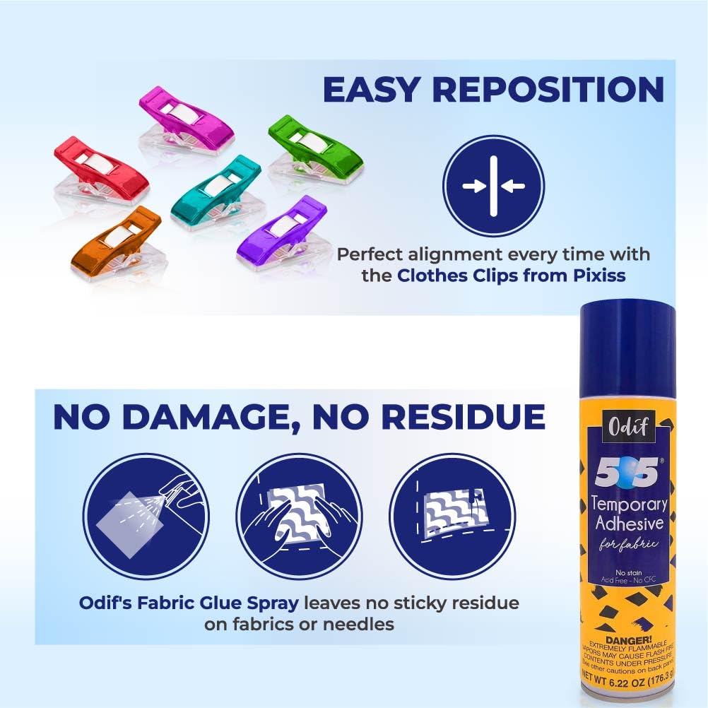 Odif's 505 Spray 6.22 Oz (3-Pack) - Temporary Basting Adhesive for Quilting, Embroidery, and Crafts - Low Tack Fabric Glue Spray - Machine Embroidery Supplies - Includes 25 Fabric Clips