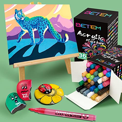 36 Colors Acrylic Paint Markers Paint Pens , Betem Premium Medium Tip Acrylic Paint Pens for Wood, Canvas, Stone, Rock Painting, Glass, Ceramic Surfaces, DIY Crafts Making Art Supplies