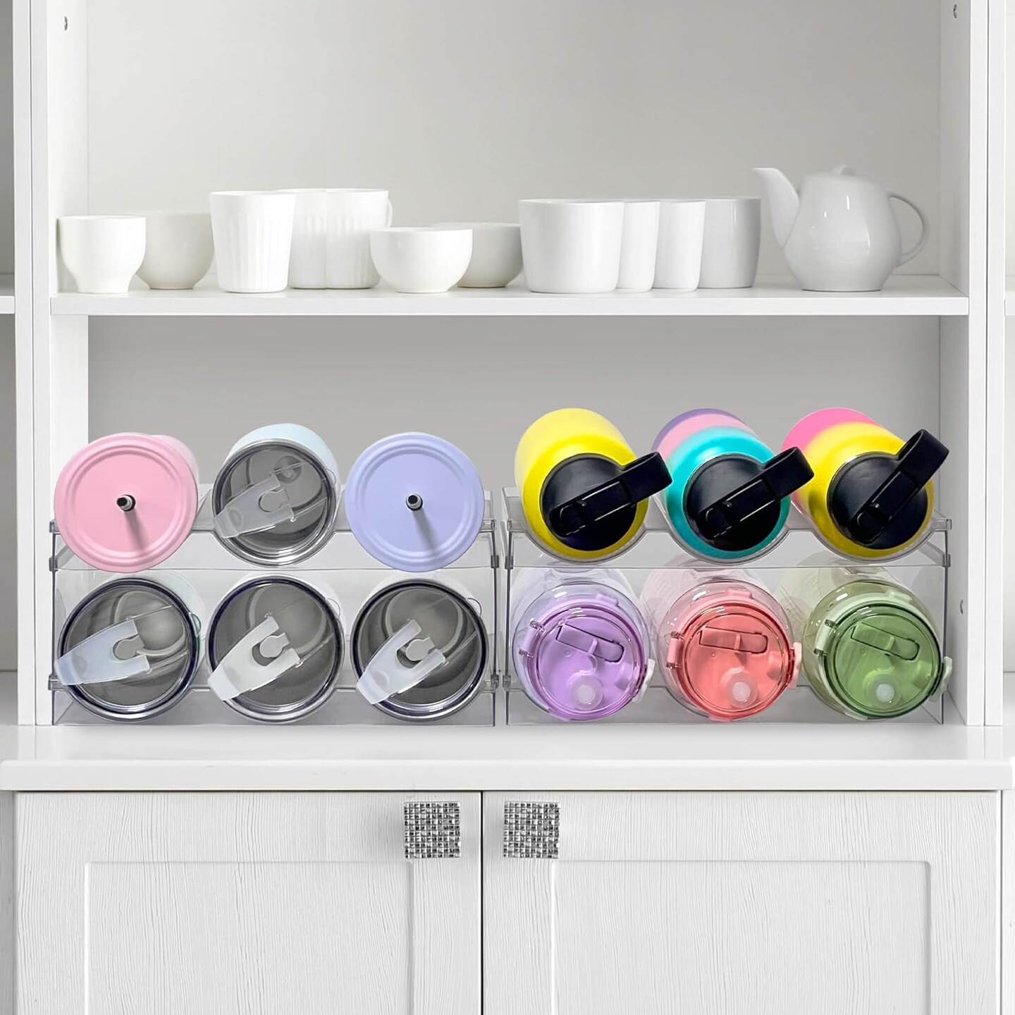[ Large Compartment ] 3 Pack Water Bottle Organizer, Stackable Kitchen Home Organization and Storage Shelf, Plastic Water Bottle Holder for Fridge Cupboard Pantry Organizer, Tumbler Mug Cup Organizer