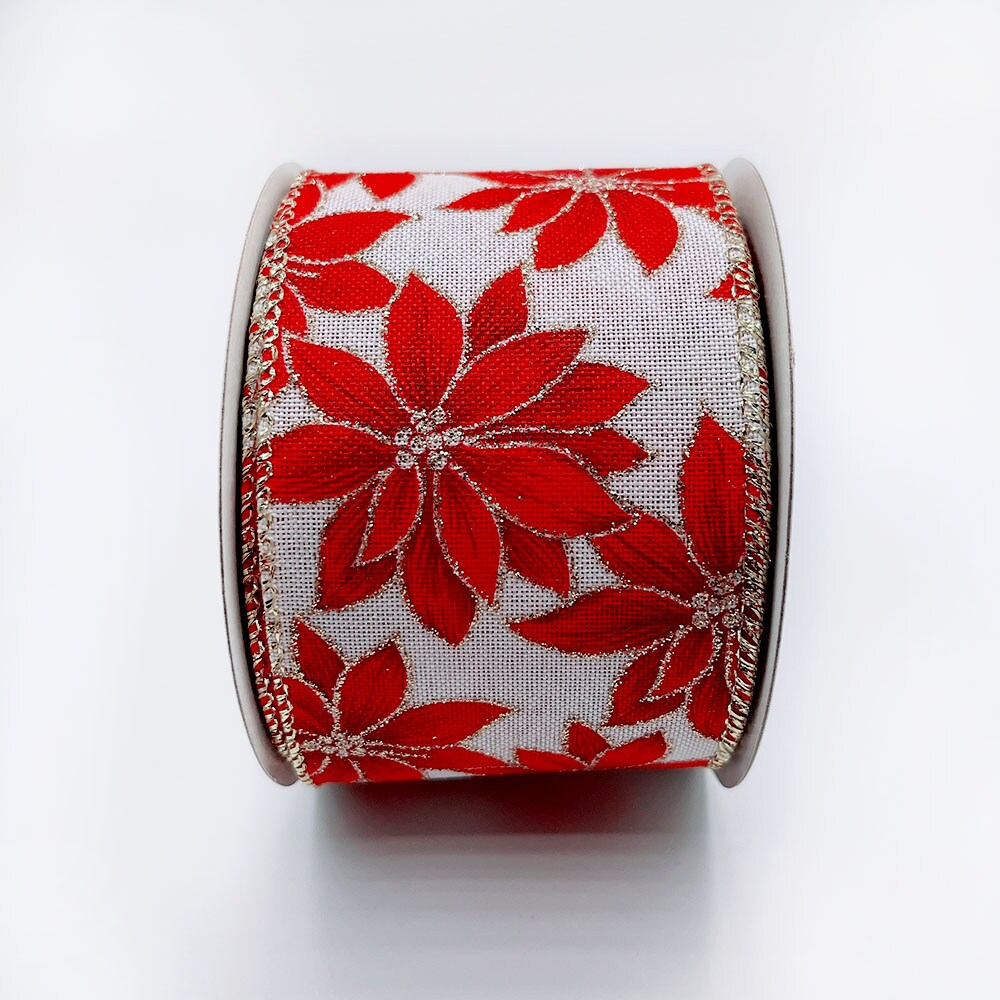 Designer&#x27;s Shop Holiday Gold / Red Poinsettias Burlap wired edge ribbons, WR 63-5150. 2.5&#x22; x 10 yards