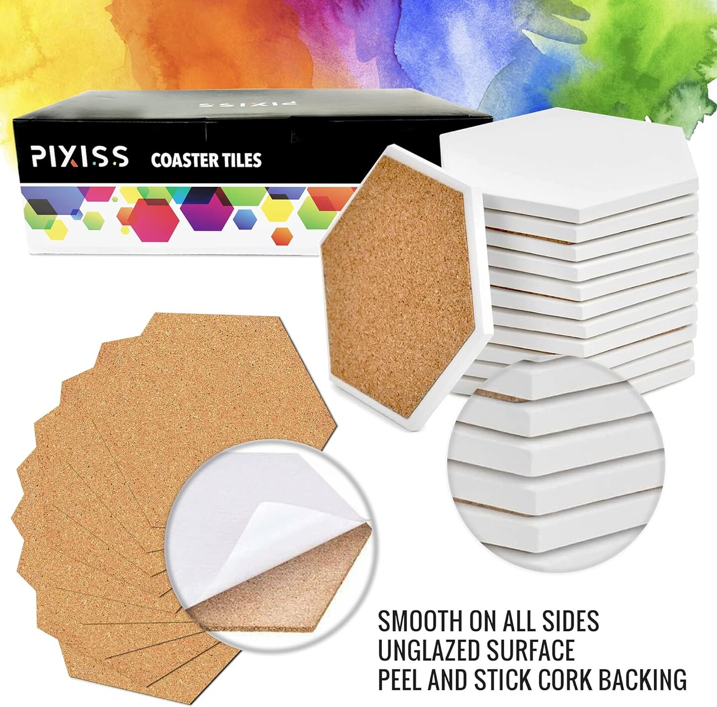 12 Blank Ceramic Tiles for Coasters and Mosaics - Hexagon Ceramic White Tiles (Unglazed) with Cork Backing Pads for Use With Alcohol Ink or Acrylic Pouring