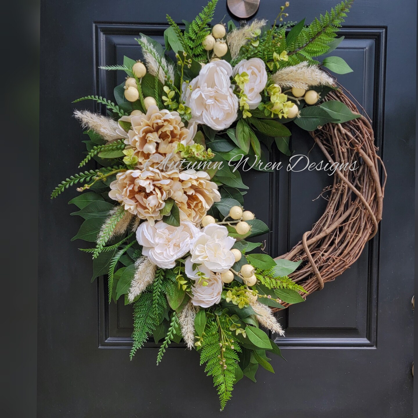 Neutral Door Wreath With Cream Hydrangeas And Pampas, Large Door Wreath 